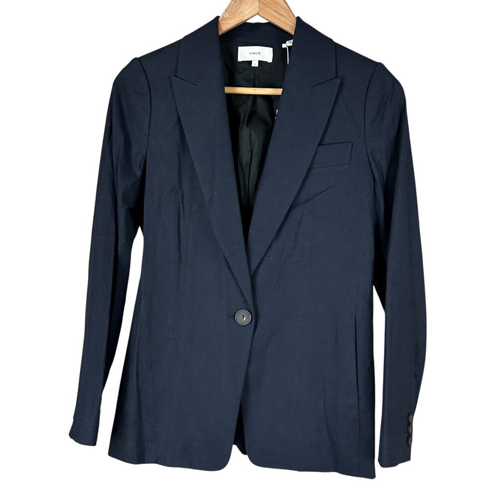 Vince Linen Blend Single Breasted Blazer Navy Blue Women's Size 2 New With Tags